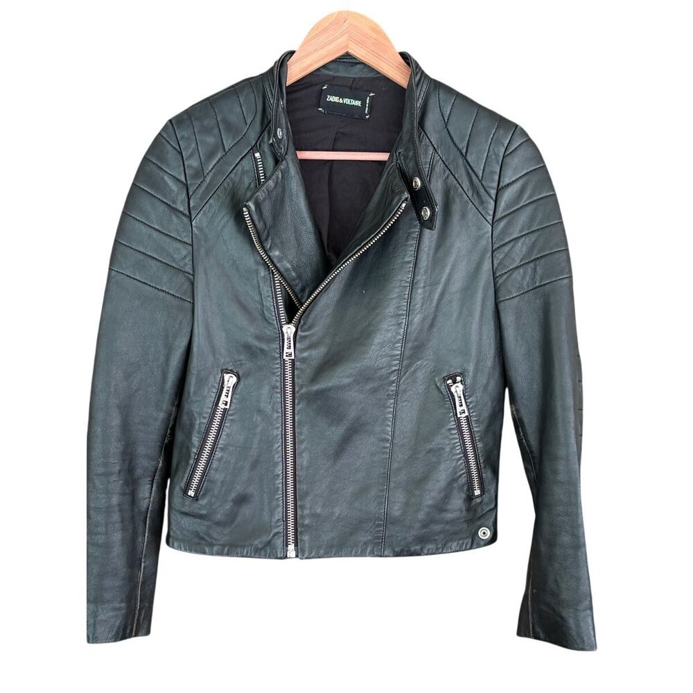 Zadig & Voltaire Lily Leather Jacket S Black Zip Moto Grunge Goth Luxury Glam